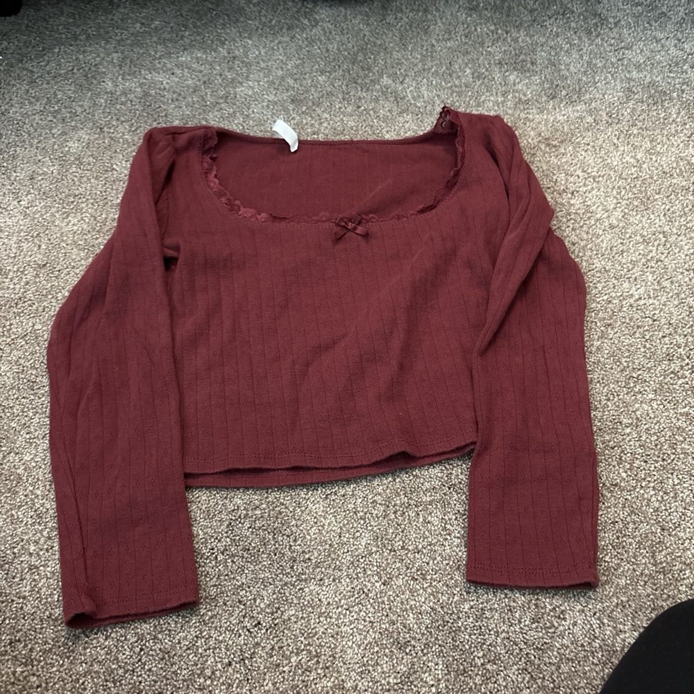 Gaze Red Ribbed Tie Front Crop Blouse